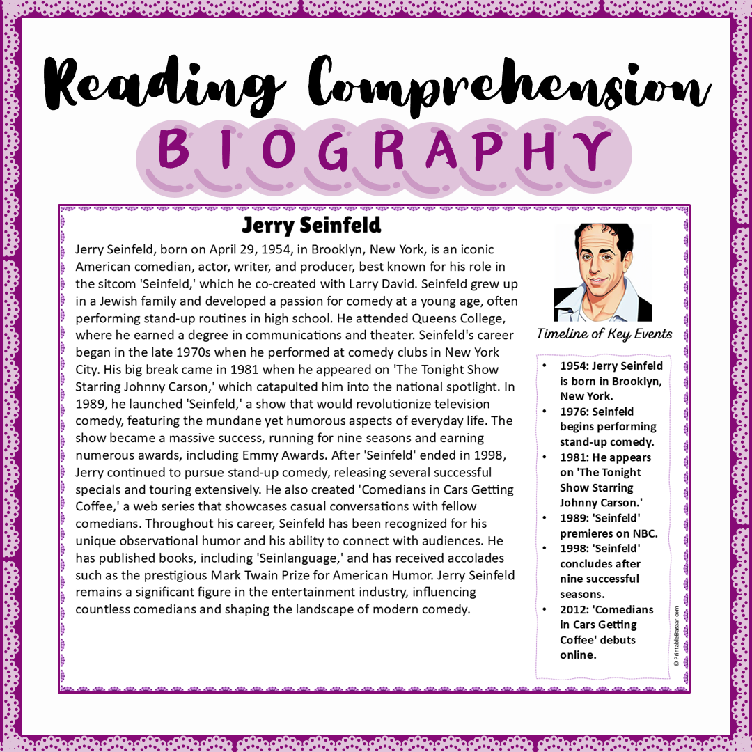Jerry Seinfeld | Biography Reading Comprehension and Questions Worksheet