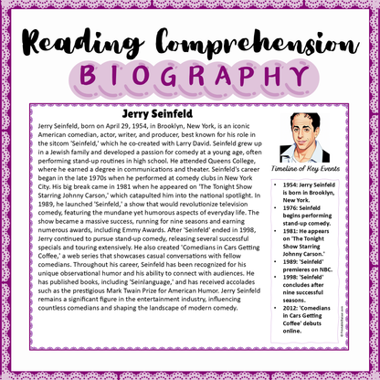 Jerry Seinfeld | Biography Reading Comprehension and Questions Worksheet