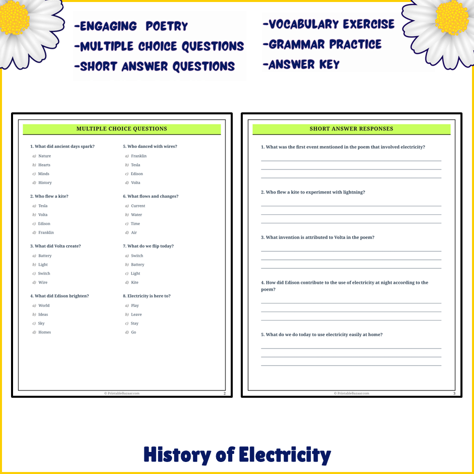 History of Electricity | Poem Grammar Worksheet Printable Activity