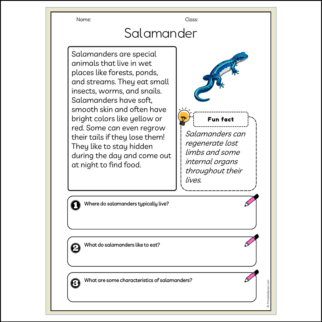 Salamander | Reading Passage Comprehension Questions Writing Facts Worksheet