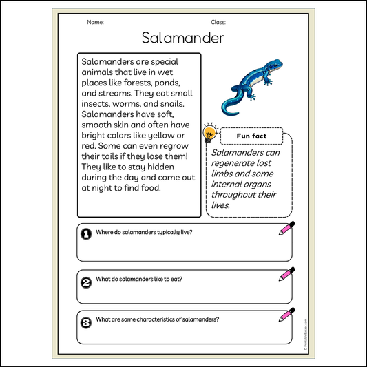 Salamander | Reading Passage Comprehension Questions Writing Facts Worksheet