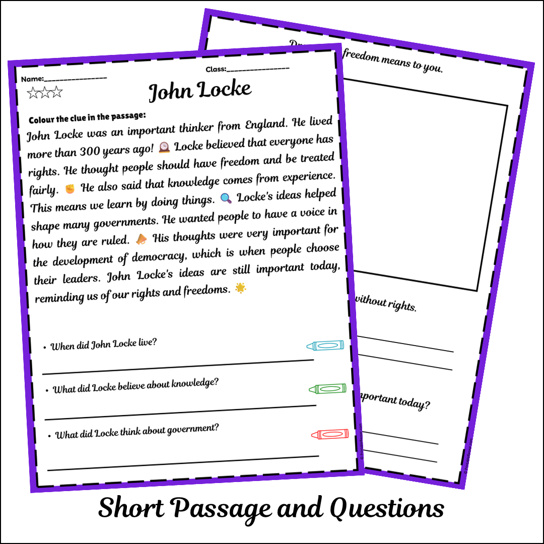 John Locke | Short Reading Comprehension Creative Worksheet