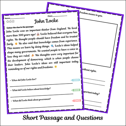 John Locke | Short Reading Comprehension Creative Worksheet
