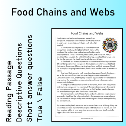 Food Chains and Webs | Reading Comprehension Passage Printable Worksheet