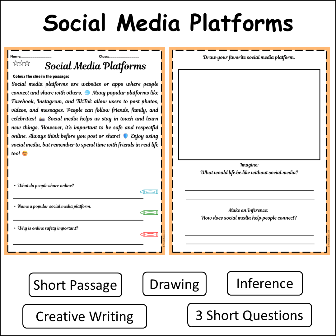 Social Media Platforms | Short Reading Comprehension Creative Worksheet
