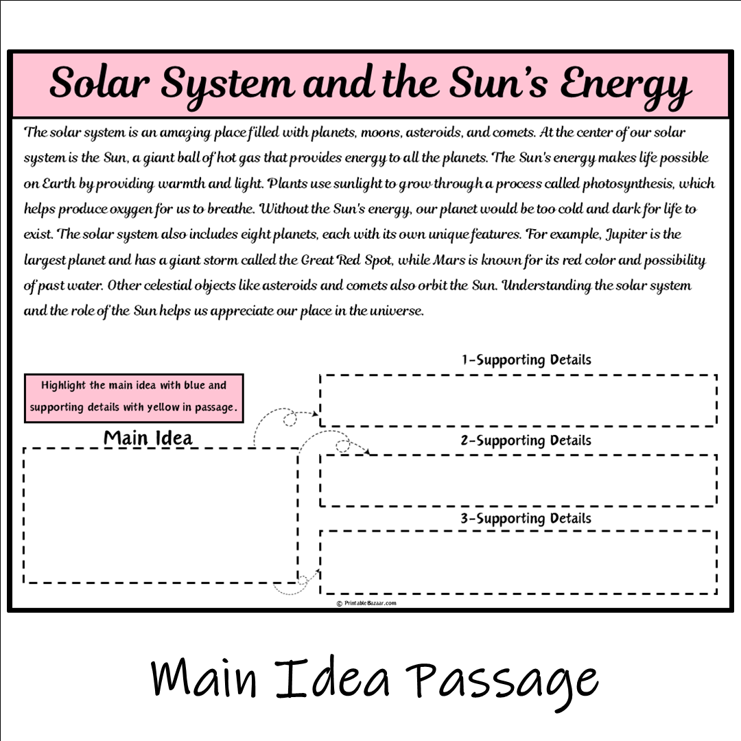 Solar System and the Sun’s Energy | Main Idea and Supporting Details Reading Passage and Questions