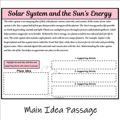 Solar System and the Sun’s Energy | Main Idea and Supporting Details Reading Passage and Questions