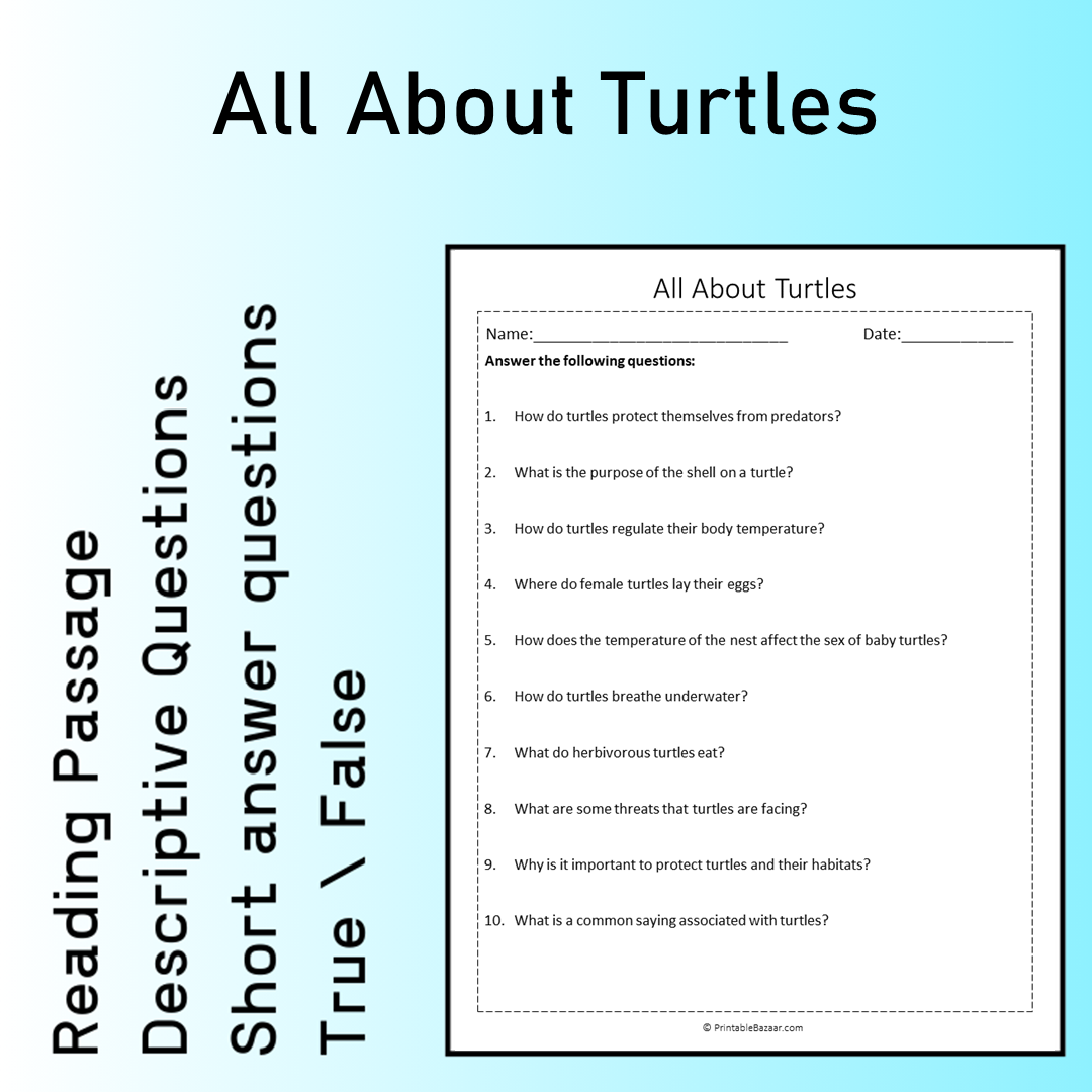 All About Turtles | Reading Comprehension Passage Printable Worksheet