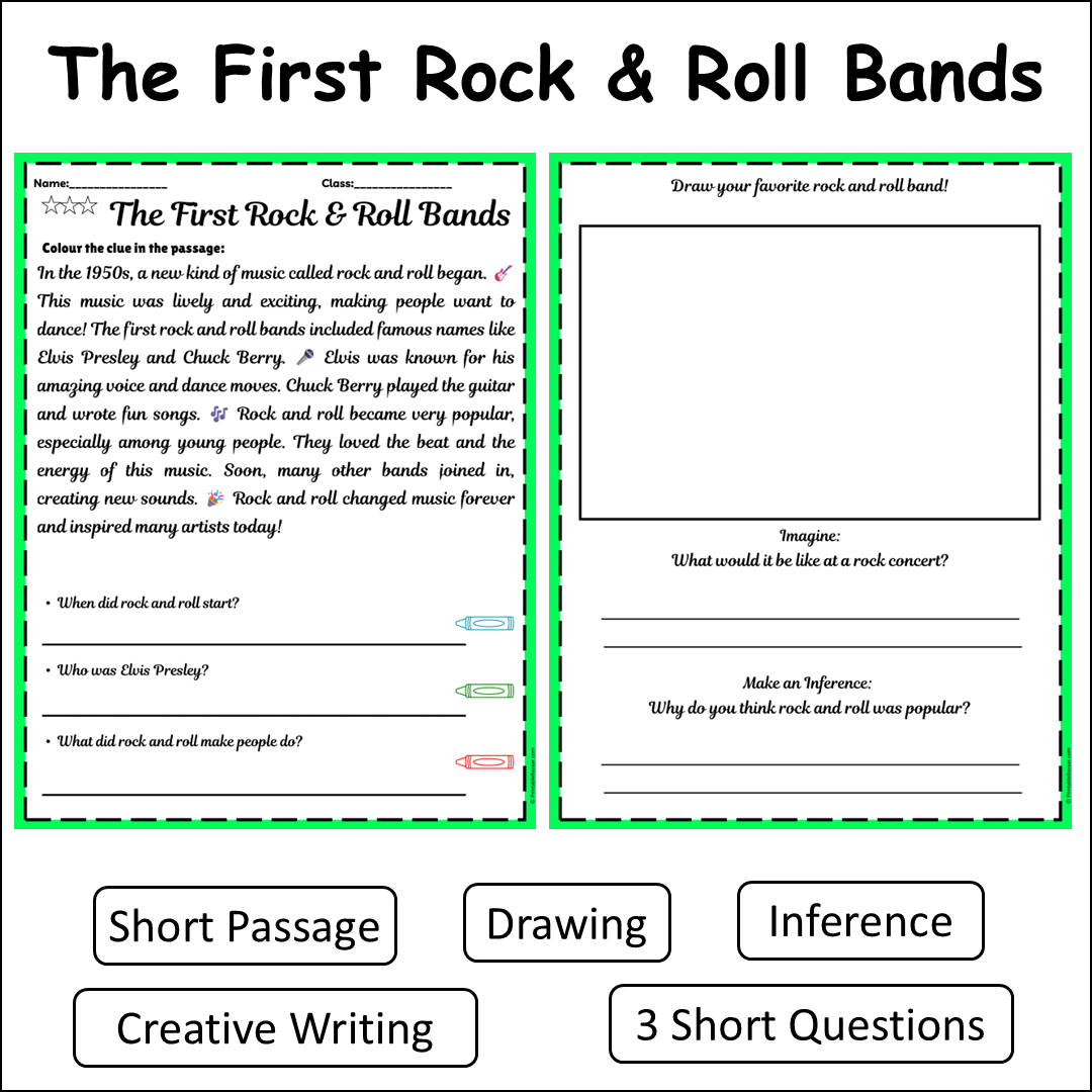 The First Rock & Roll Bands | Short Reading Comprehension Creative Worksheet