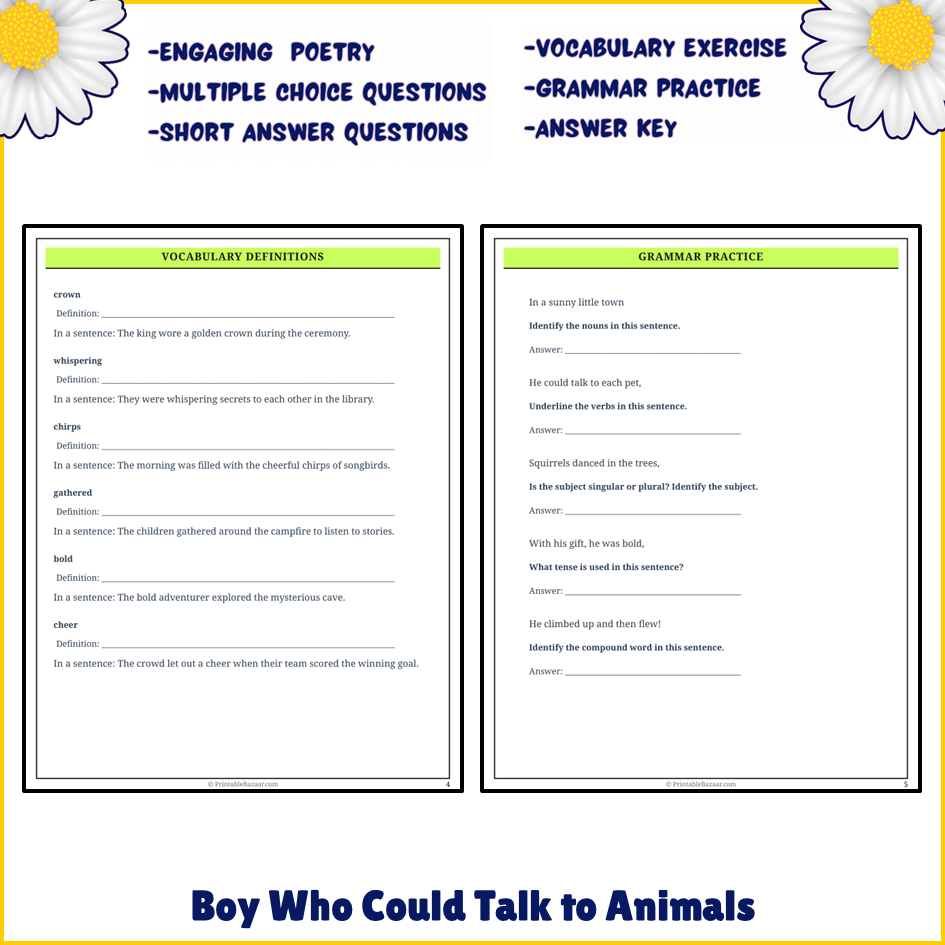 Boy Who Could Talk to Animals | Poem Grammar Worksheet Printable Activity