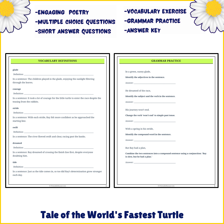 Tale of the World's Fastest Turtle | Poem Grammar Worksheet Printable Activity