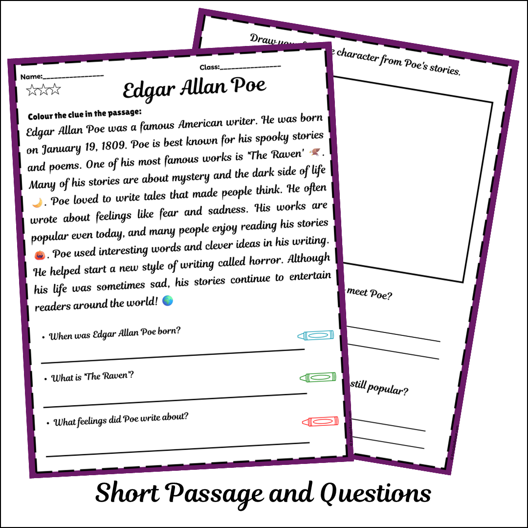 Edgar Allan Poe | Short Reading Comprehension Creative Worksheet