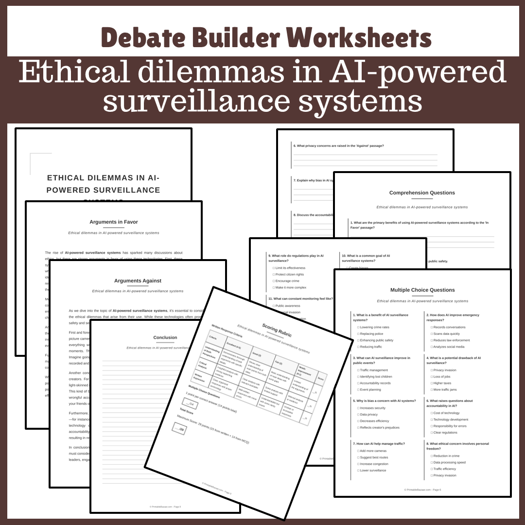 Ethical dilemmas in AI-powered surveillance systems | Favour and Against Worksheet Printable Activity