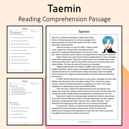 Taemin | Reading Comprehension Passage Printable Activity