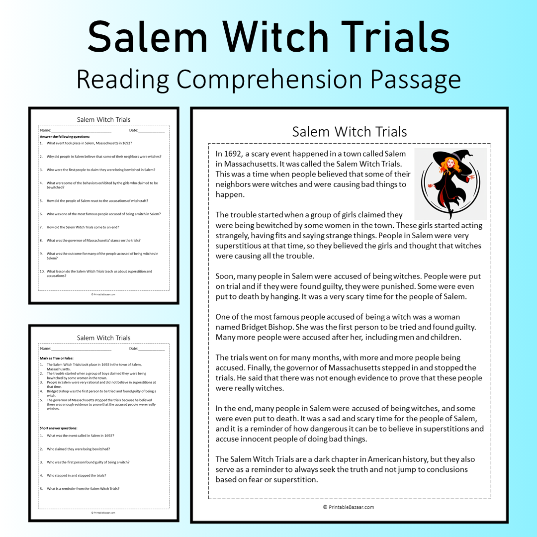 Salem Witch Trials | Reading Comprehension Passage Printable Worksheet