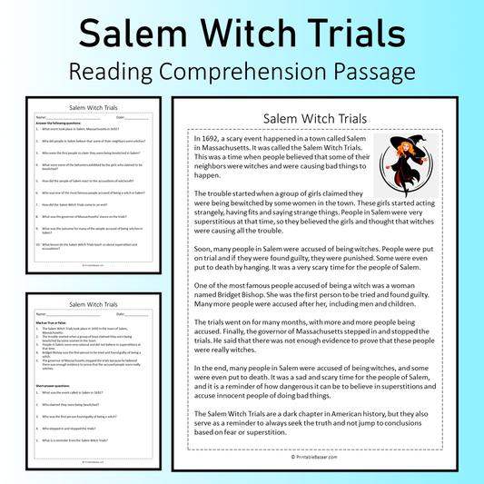Salem Witch Trials | Reading Comprehension Passage Printable Worksheet