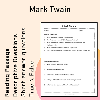 Mark Twain | Reading Comprehension Passage Printable Activity