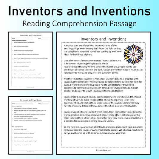 Inventors and Inventions | Reading Comprehension Passage Printable Worksheet