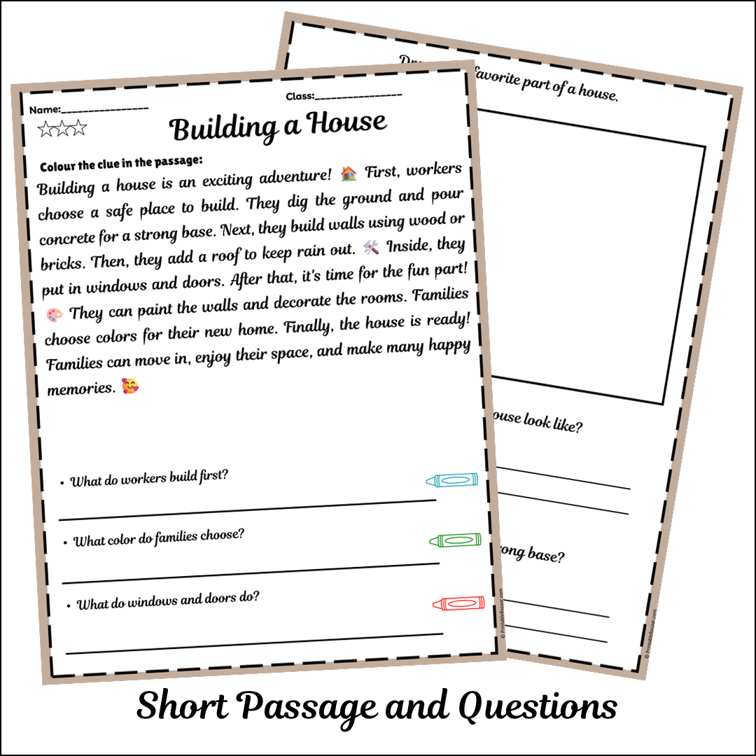 Building a House | Short Reading Comprehension Creative Worksheet