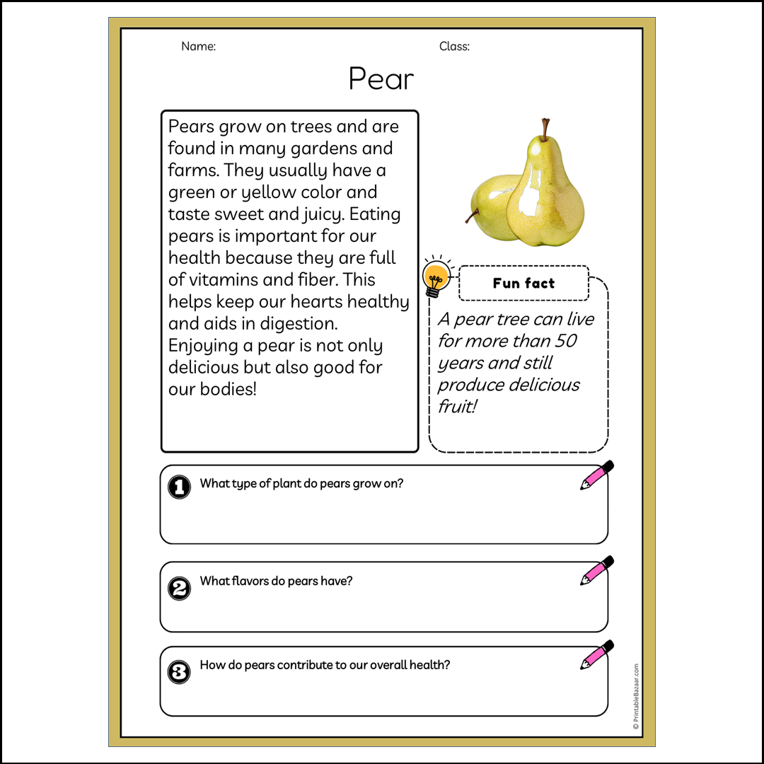 Pear | Reading Passage Comprehension Questions Writing Facts Worksheet