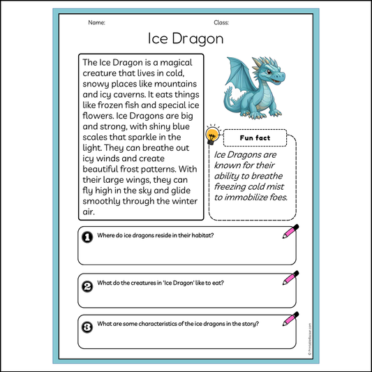 Ice Dragon | Reading Passage Comprehension Questions Writing Facts Worksheet