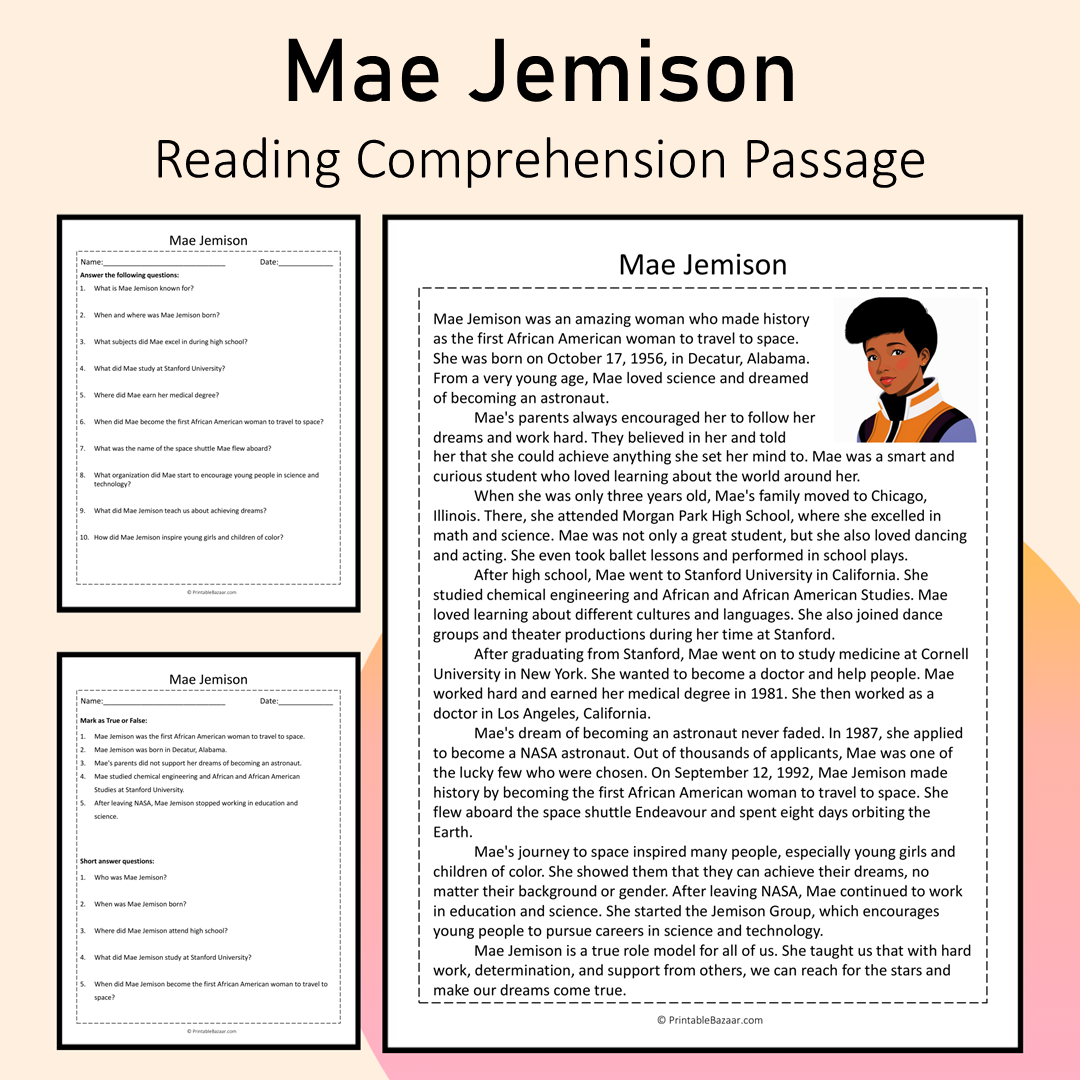 Mae Jemison | Reading Comprehension Passage Printable Activity