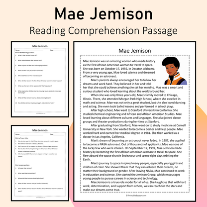 Mae Jemison | Reading Comprehension Passage Printable Activity