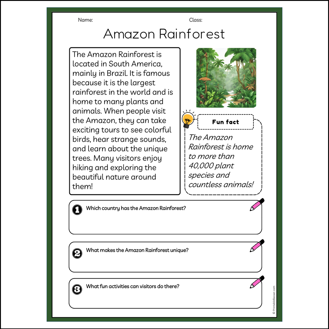 Amazon Rainforest | Reading Passage Comprehension Questions Writing Facts Worksheet