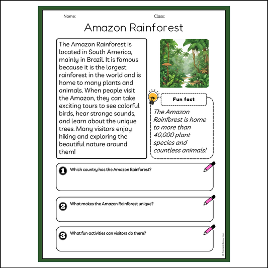 Amazon Rainforest | Reading Passage Comprehension Questions Writing Facts Worksheet