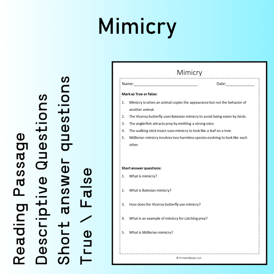Mimicry | Reading Comprehension Passage Printable Worksheet