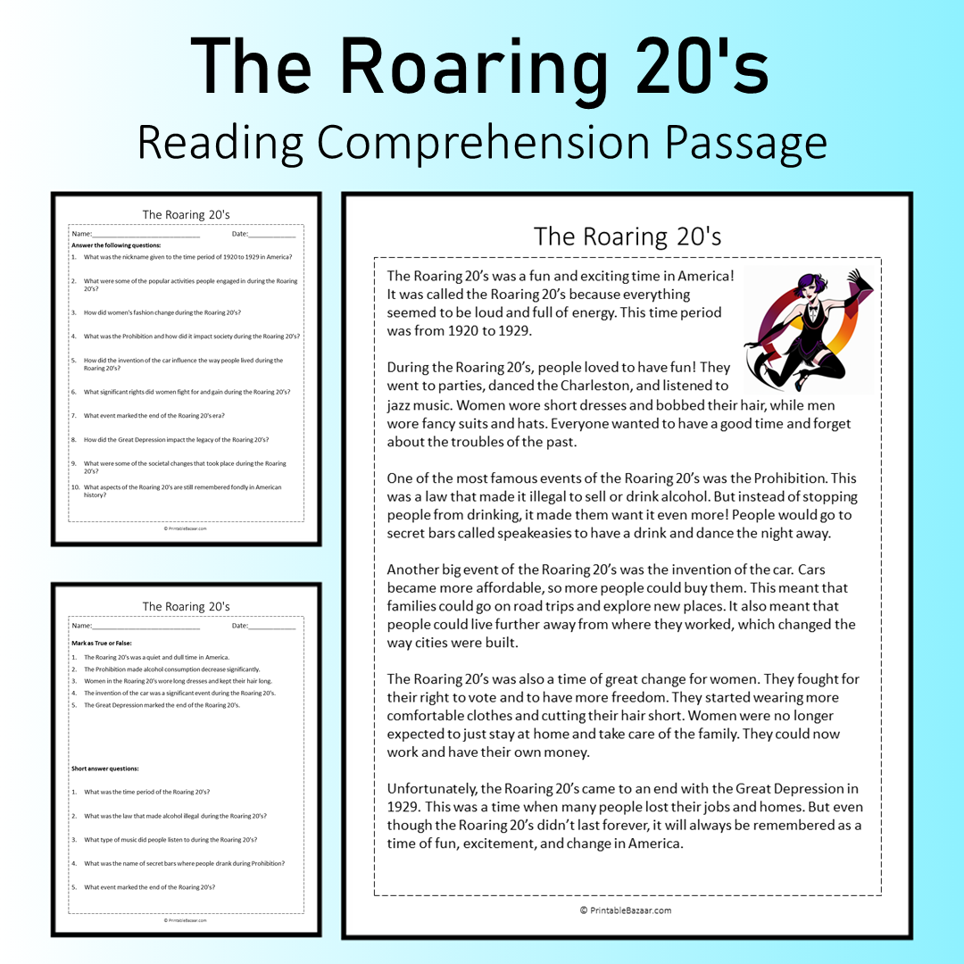 The Roaring 20's | Reading Comprehension Passage Printable Worksheet