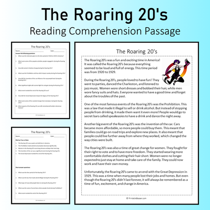 The Roaring 20's | Reading Comprehension Passage Printable Worksheet