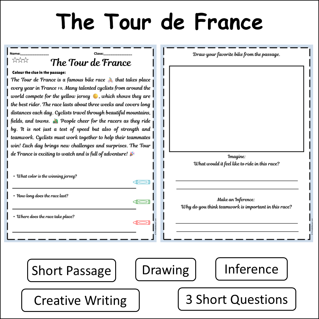 The Tour de France | Short Reading Comprehension Creative Worksheet