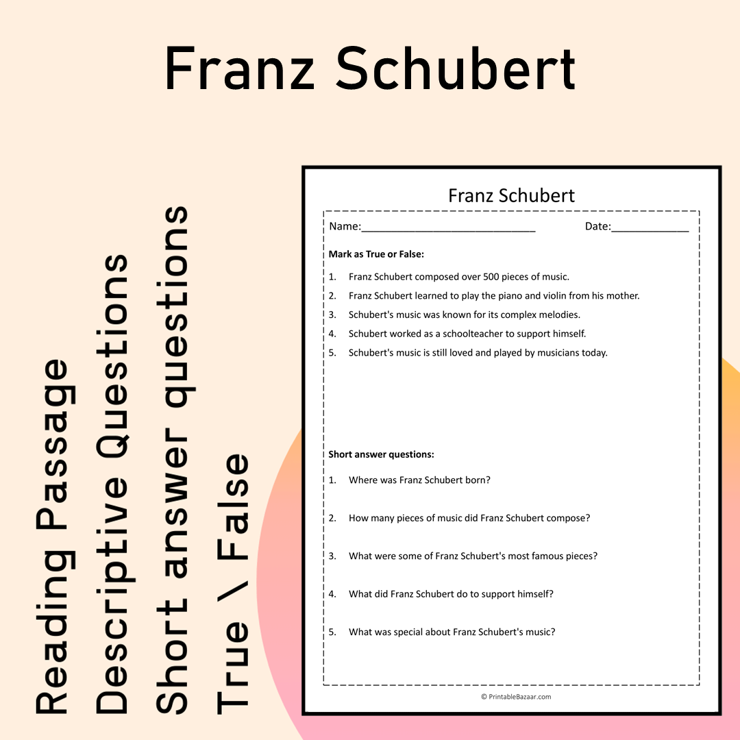 Franz Schubert | Reading Comprehension Passage Printable Activity