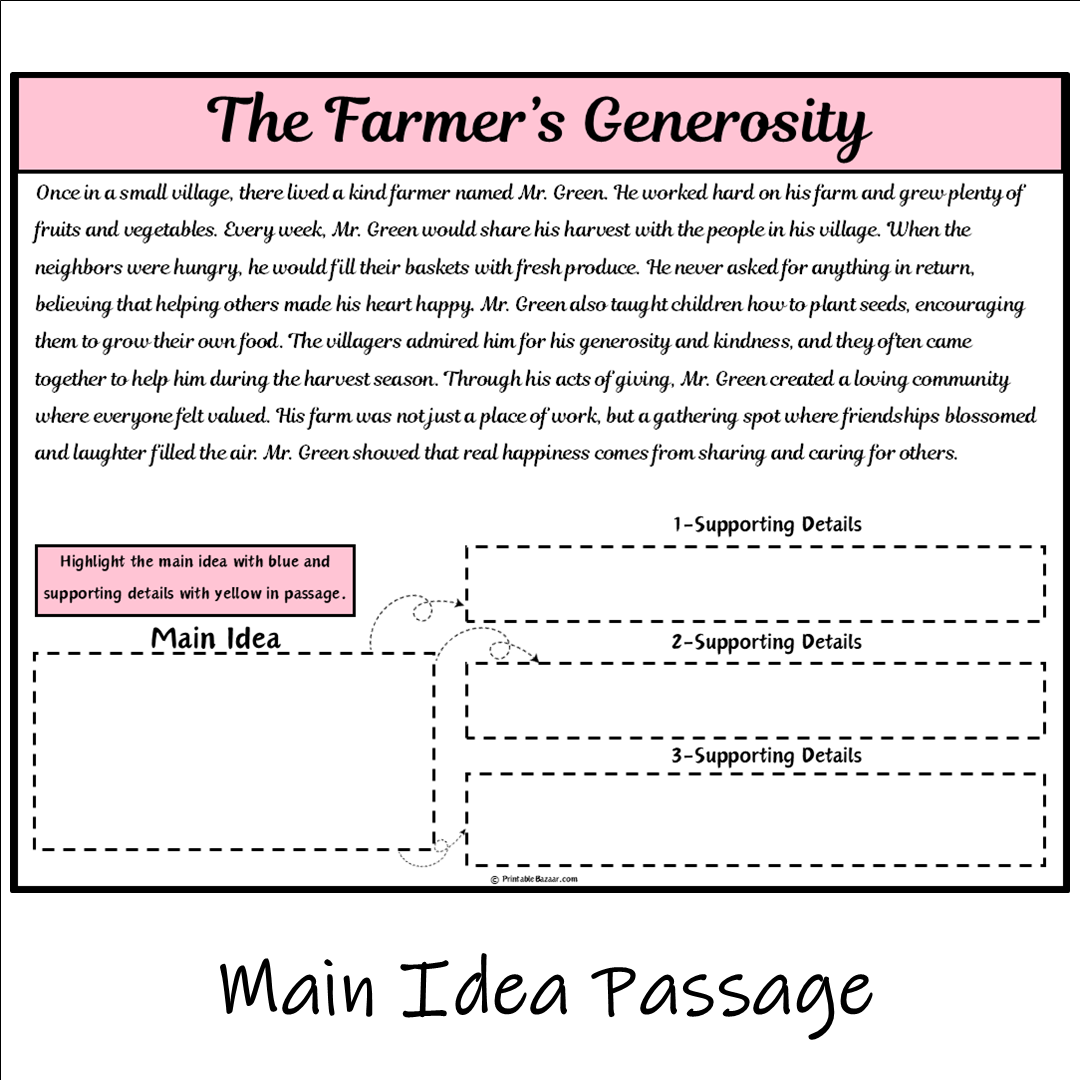 The Farmer’s Generosity | Main Idea and Supporting Details Reading Passage and Questions