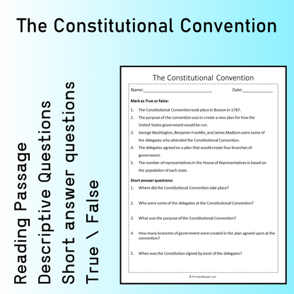 The Constitutional Convention | Reading Comprehension Passage Printable Worksheet