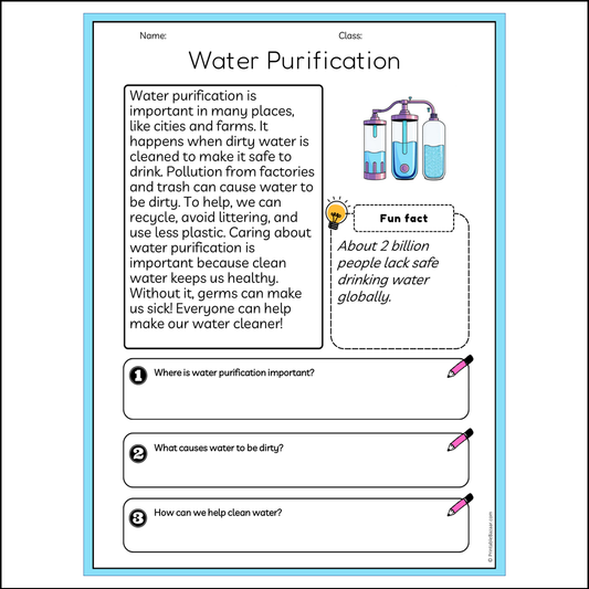 Water Purification | Reading Passage Comprehension Questions Writing Facts Worksheet