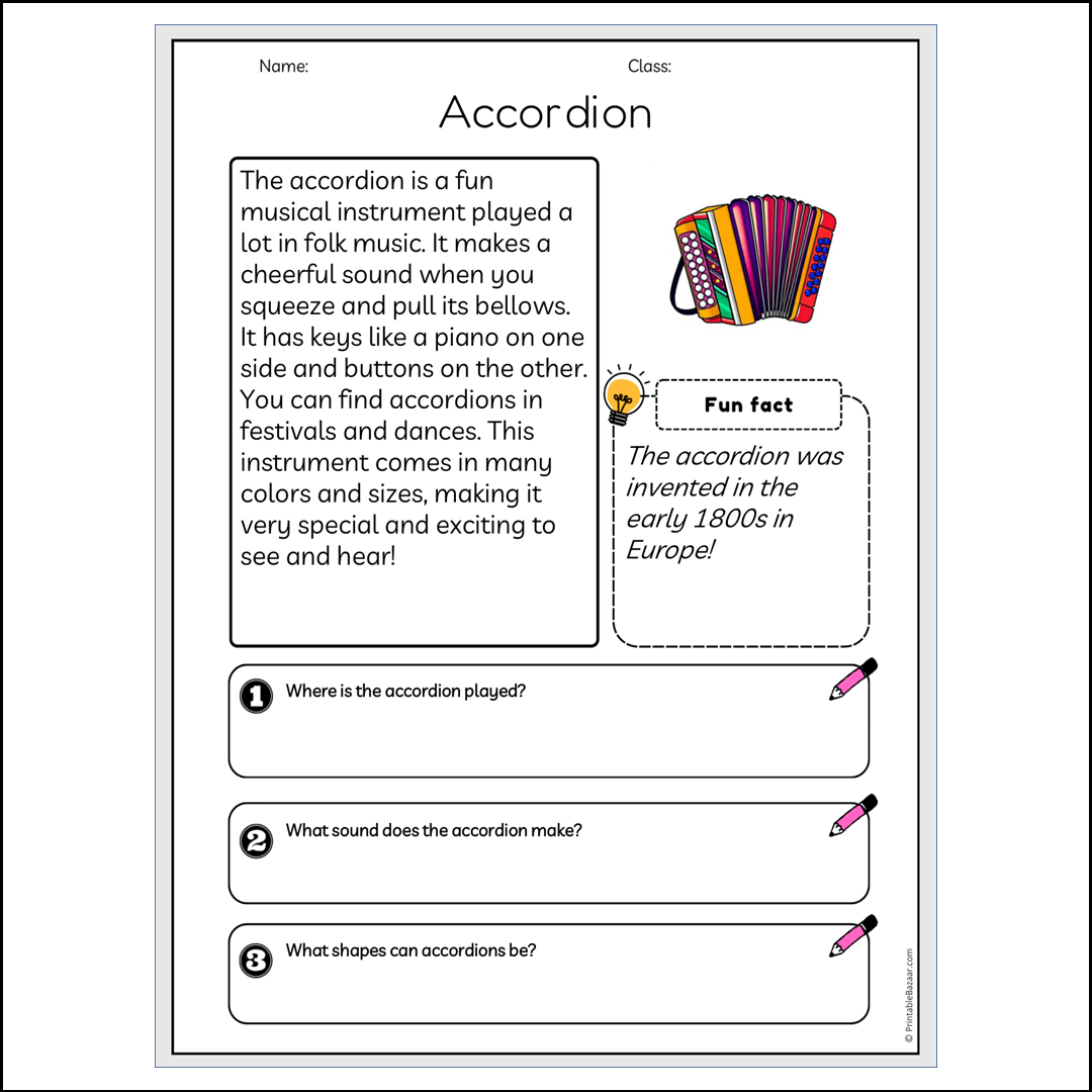 Accordion | Reading Passage Comprehension Questions Writing Facts Worksheet