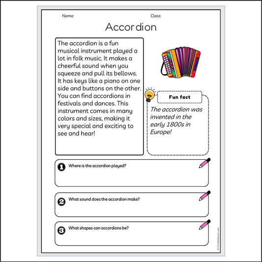 Accordion | Reading Passage Comprehension Questions Writing Facts Worksheet