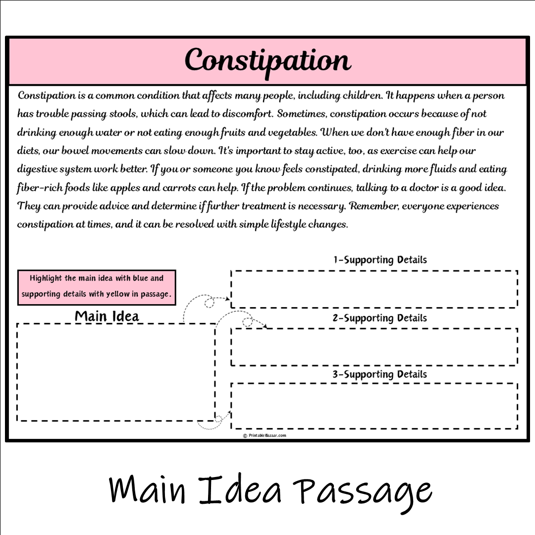 Constipation | Main Idea and Supporting Details Reading Passage and Questions