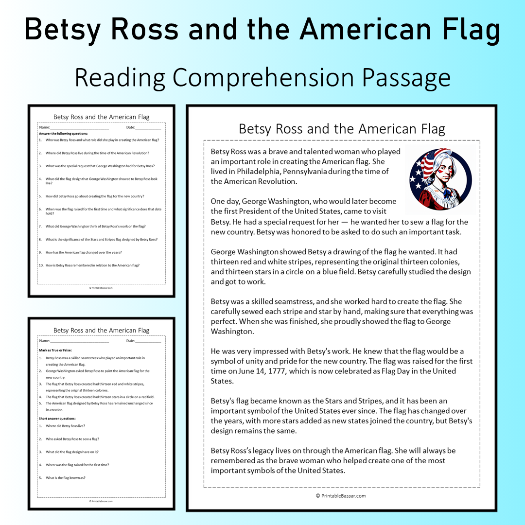 Betsy Ross and the American Flag | Reading Comprehension Passage Printable Worksheet