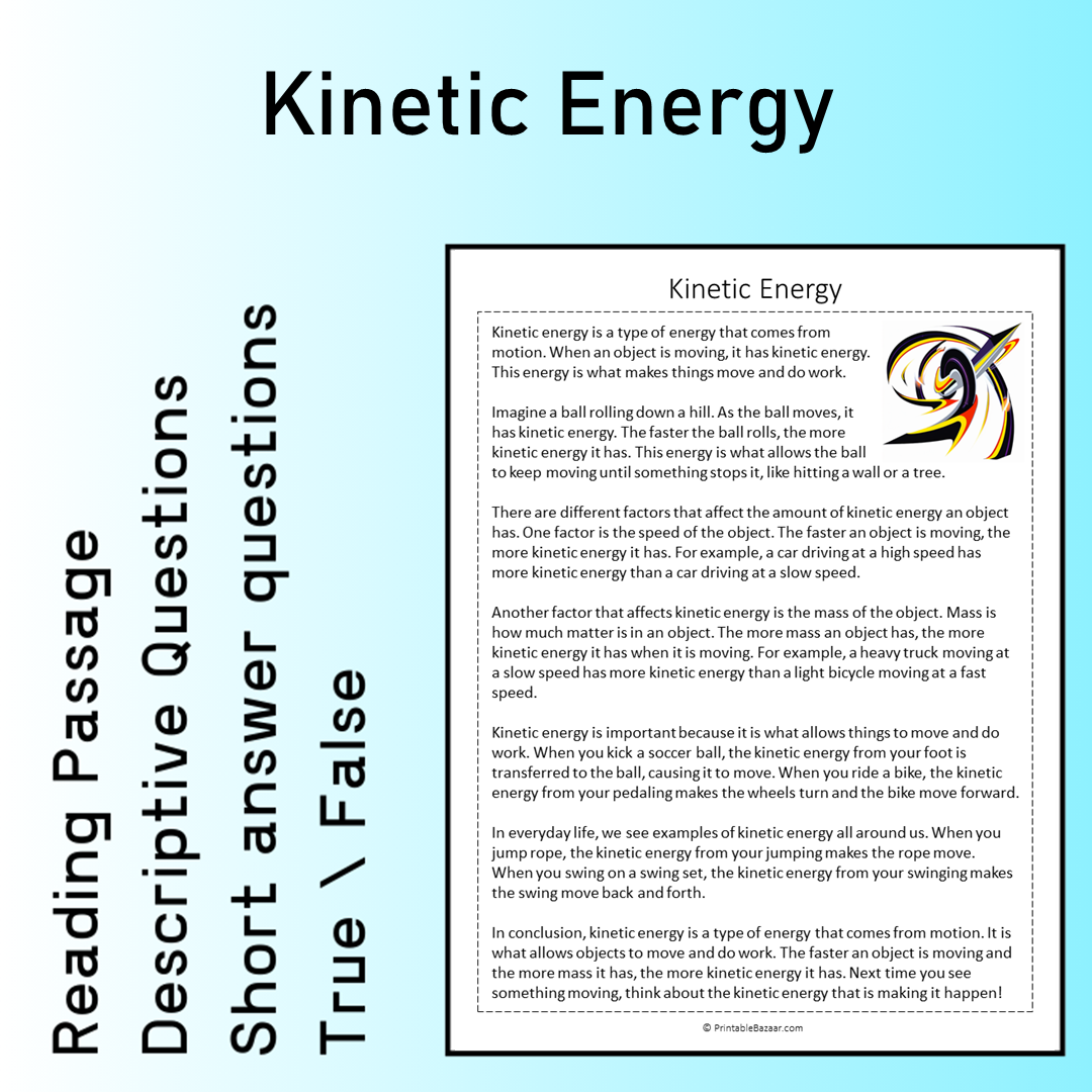Kinetic Energy | Reading Comprehension Passage Printable Worksheet