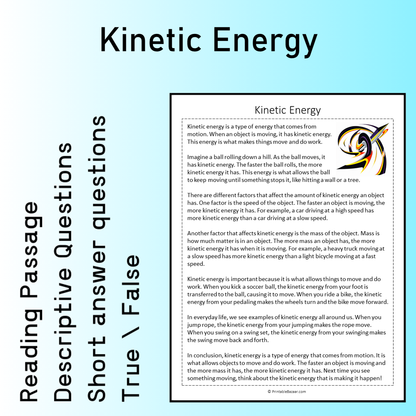 Kinetic Energy | Reading Comprehension Passage Printable Worksheet
