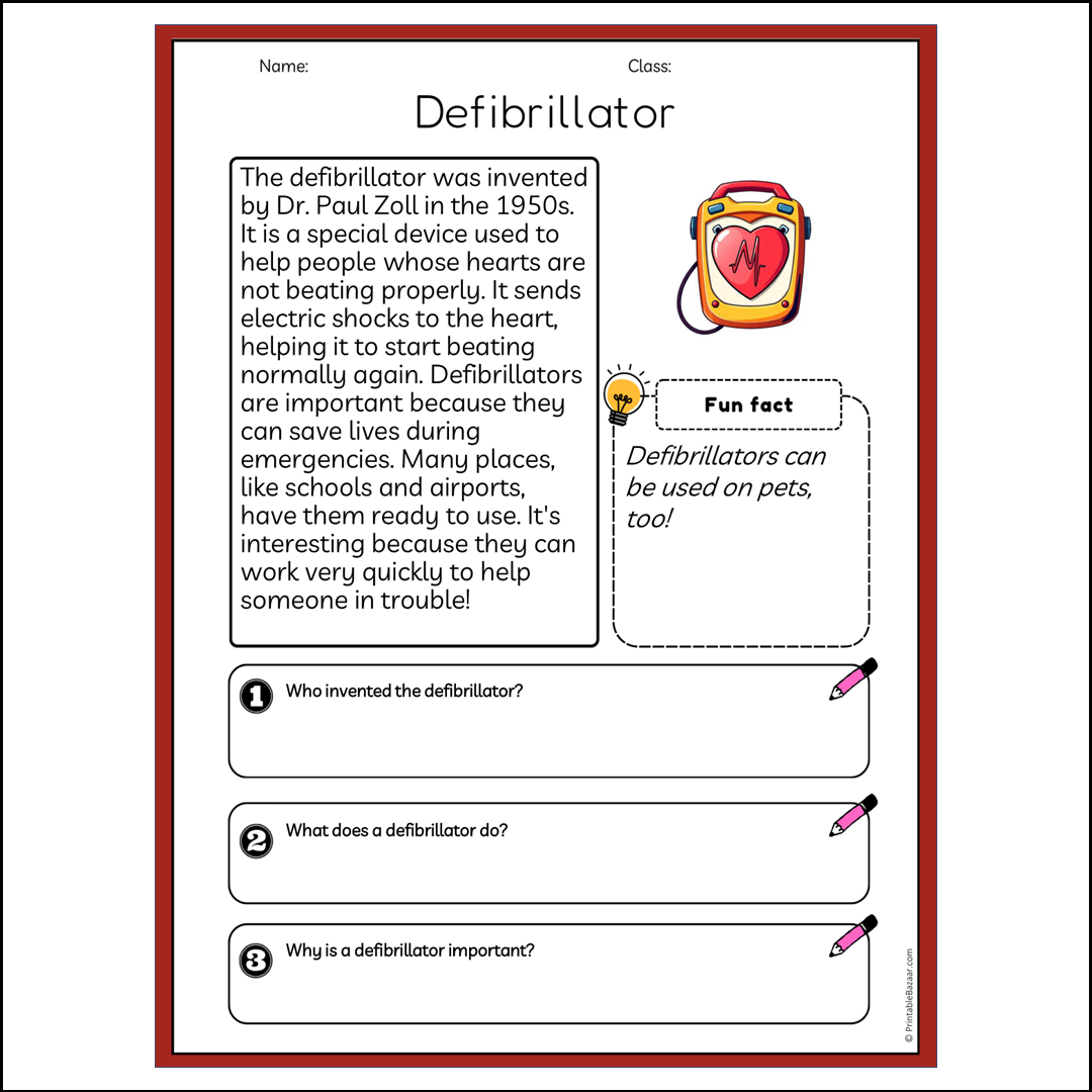 Defibrillator | Reading Passage Comprehension Questions Writing Facts Worksheet