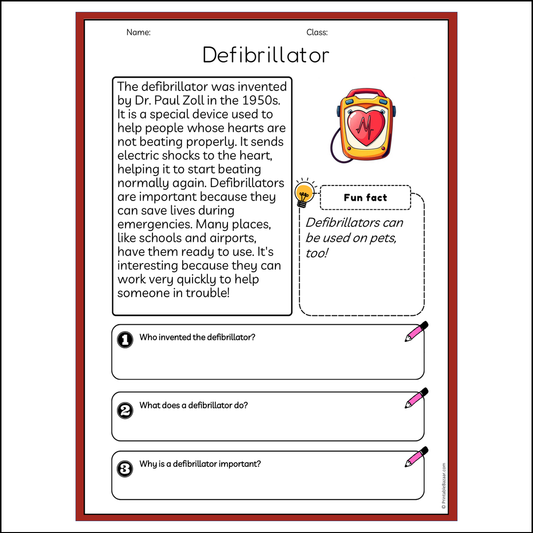 Defibrillator | Reading Passage Comprehension Questions Writing Facts Worksheet