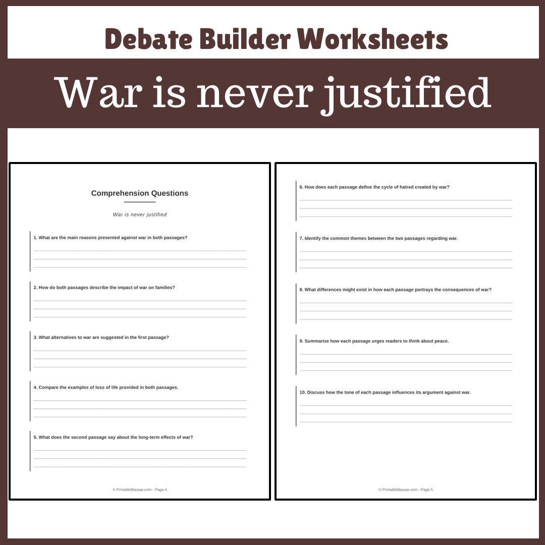 War is never justified | Favour and Against Worksheet Printable Activity