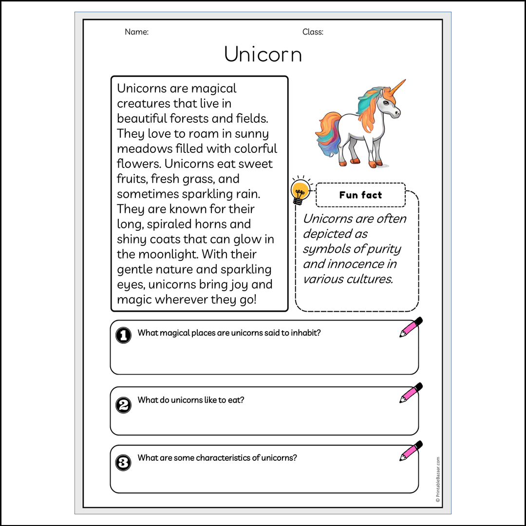 Unicorn | Reading Passage Comprehension Questions Writing Facts Worksheet