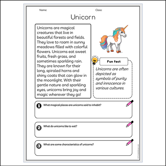 Unicorn | Reading Passage Comprehension Questions Writing Facts Worksheet