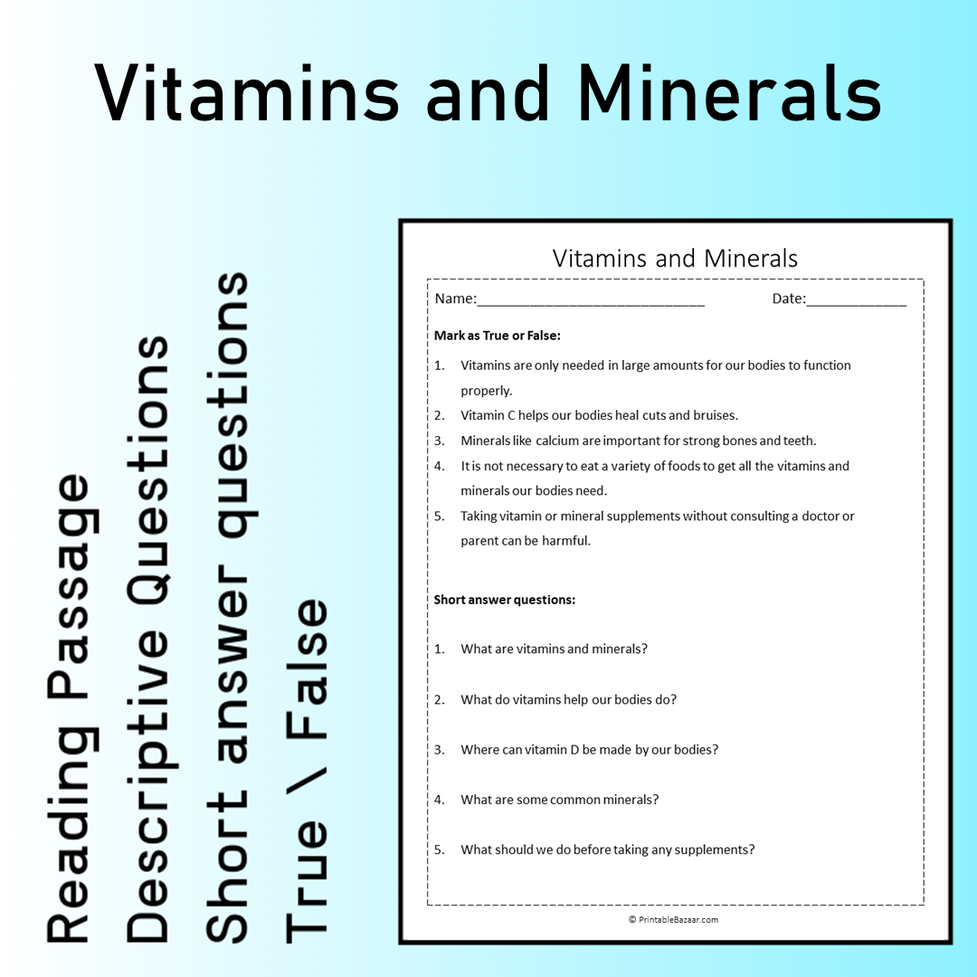 Vitamins and Minerals | Reading Comprehension Passage Printable Worksheet