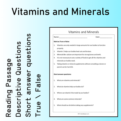 Vitamins and Minerals | Reading Comprehension Passage Printable Worksheet